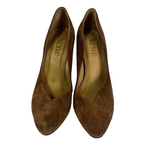 Acne Heel Pumps Heels 37 Brown Suede Leather Scallop Edge Made Italy - Picture 2 of 11